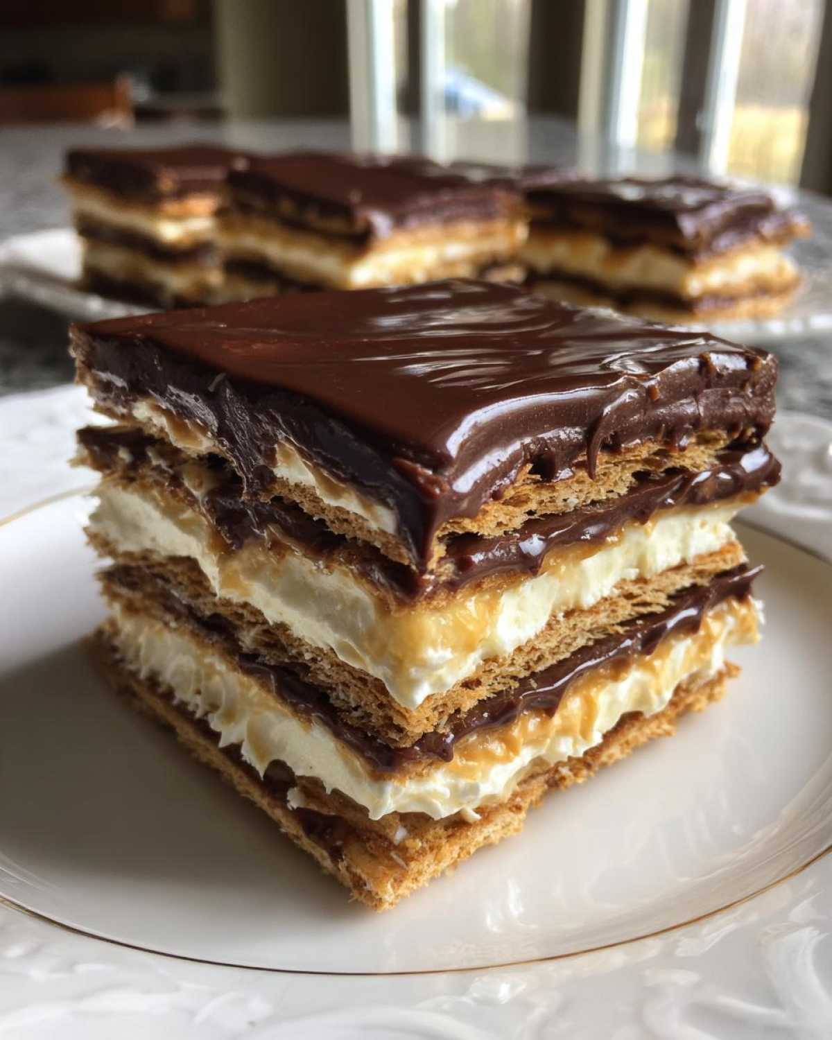 A decadent, layered slice of no-bake eclair cake featuring graham crackers, cream filling, caramel, and chocolate glaze.