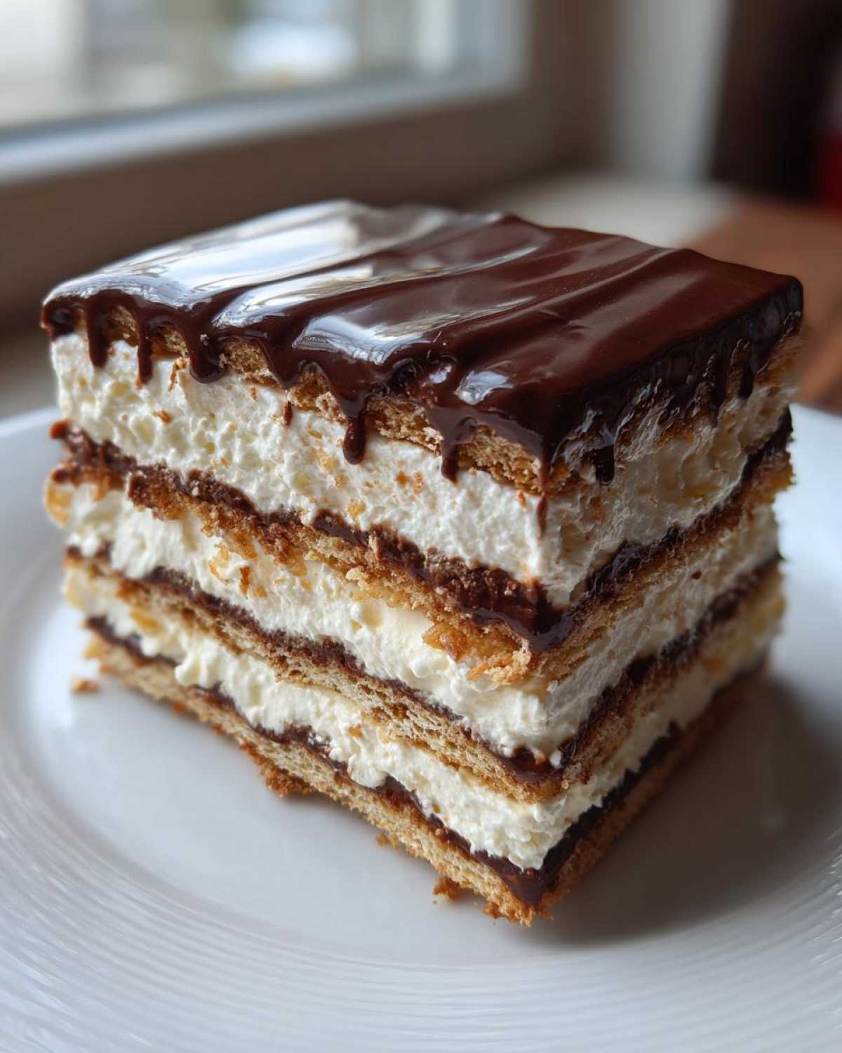 A square slice of no-bake eclair cake featuring layers of graham crackers, whipped cream, and a rich chocolate glaze topping.