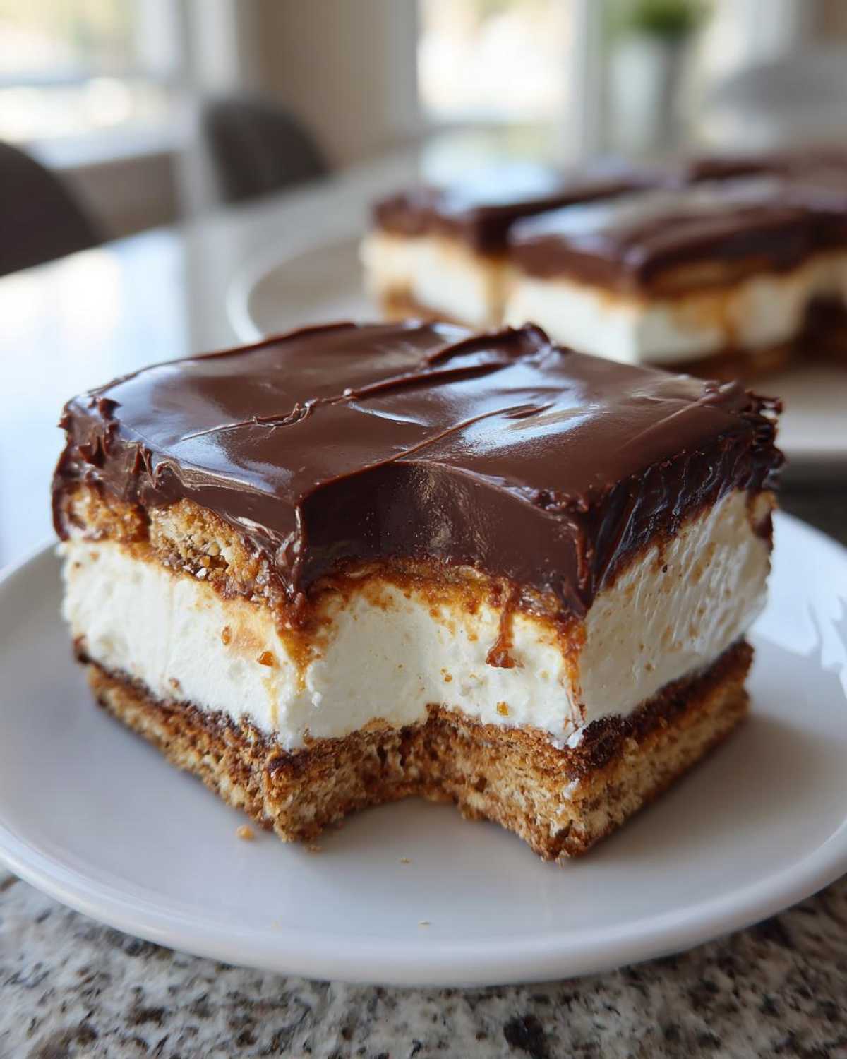 A square slice of no-bake eclair cake showing graham cracker crust, white filling, and glossy chocolate frosting, with a bite taken out.