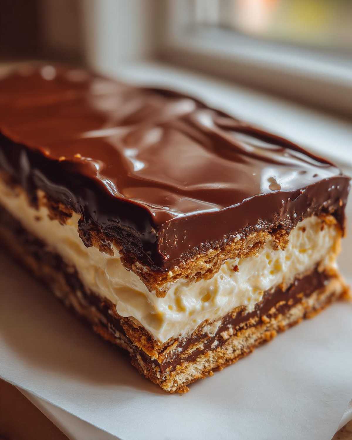 Close-up of a layered slice of no-bake eclair cake featuring graham crackers, vanilla cream filling, and a shiny chocolate ganache topping.