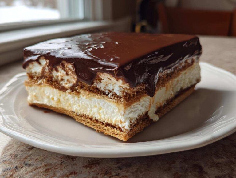 A perfect slice of no-bake eclair cake featuring layers of graham crackers, creamy filling, and rich chocolate ganache.