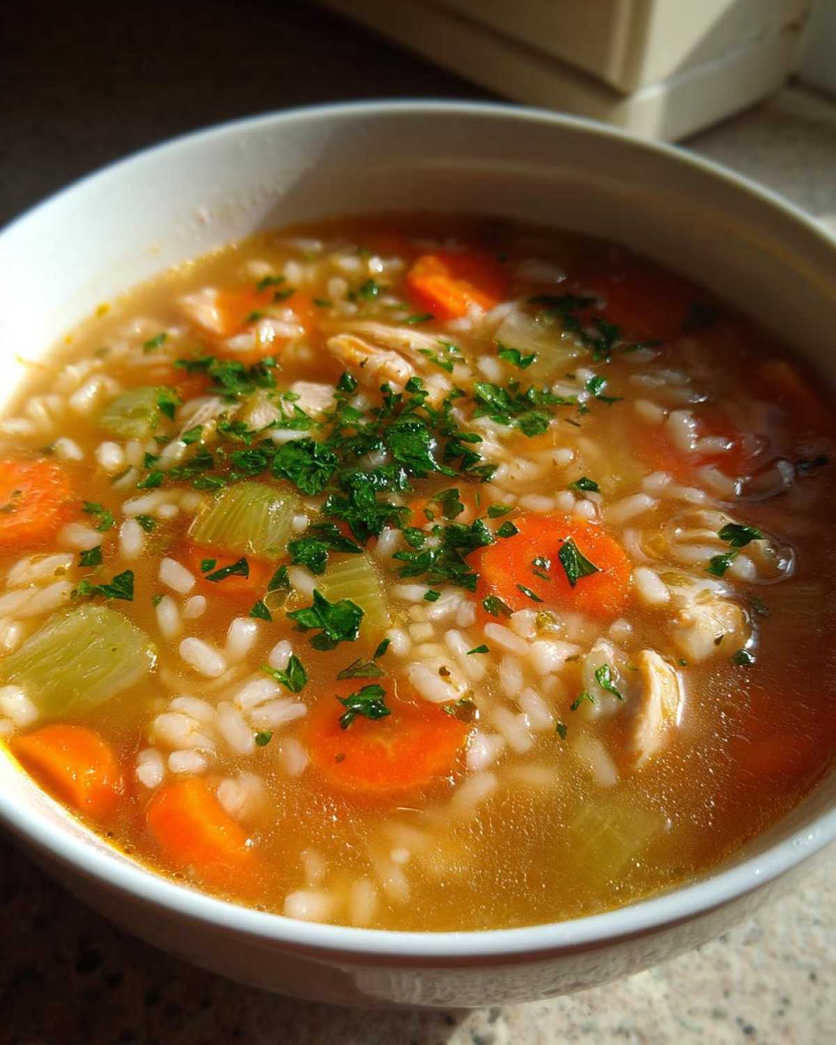 A close-up view of a white bowl filled with Nourishing Chicken and Rice Soup, showing carrots, celery, rice, and chicken.