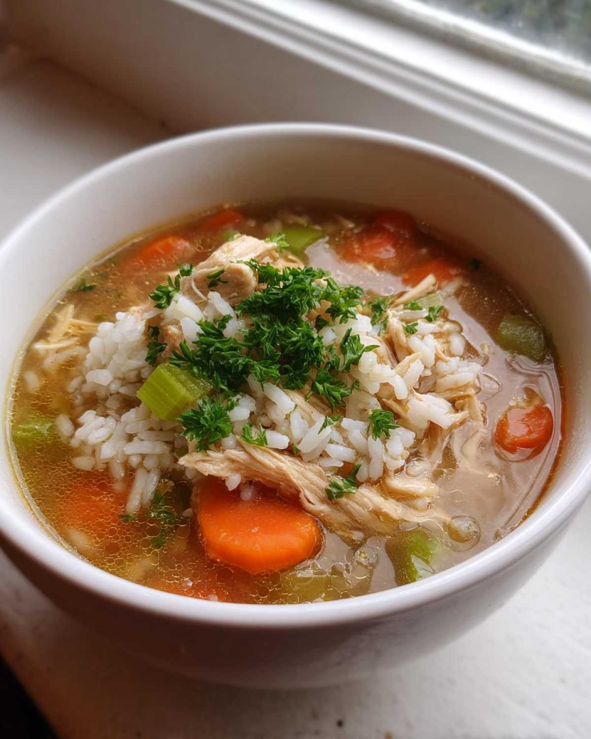Close-up of a white bowl filled with Nourishing Chicken and Rice Soup, featuring shredded chicken, white rice, carrots, and celery, topped with fresh parsley.