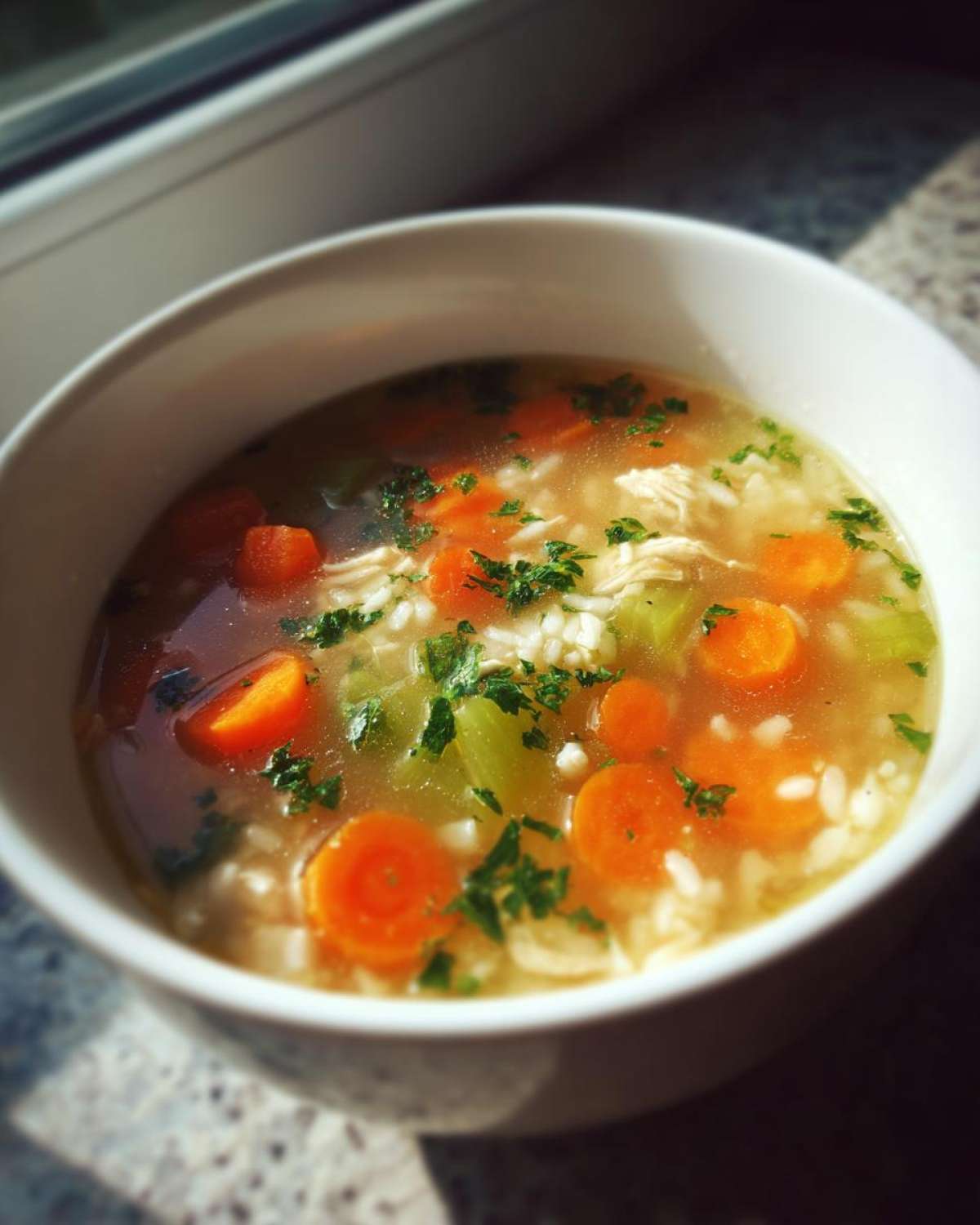 Close-up of a white bowl filled with Nourishing Chicken and Rice Soup, featuring visible carrots, celery, rice, and parsley garnish.