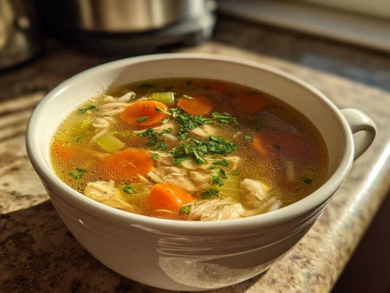Close-up of a white mug filled with Nourishing Chicken and Rice Soup, featuring shredded chicken, bright orange carrots, celery, and parsley garnish.