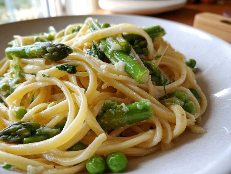 Close-up of creamy One Pot Spring Pasta Primavera featuring bright green asparagus spears and peas tossed with linguine.