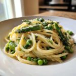 Close-up of a creamy serving of One Pot Spring Pasta Primavera featuring bright green peas and asparagus tips.