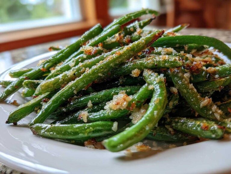 A close-up of bright green Oven Roasted Green Beans With Garlic Parmesan piled on a white plate.