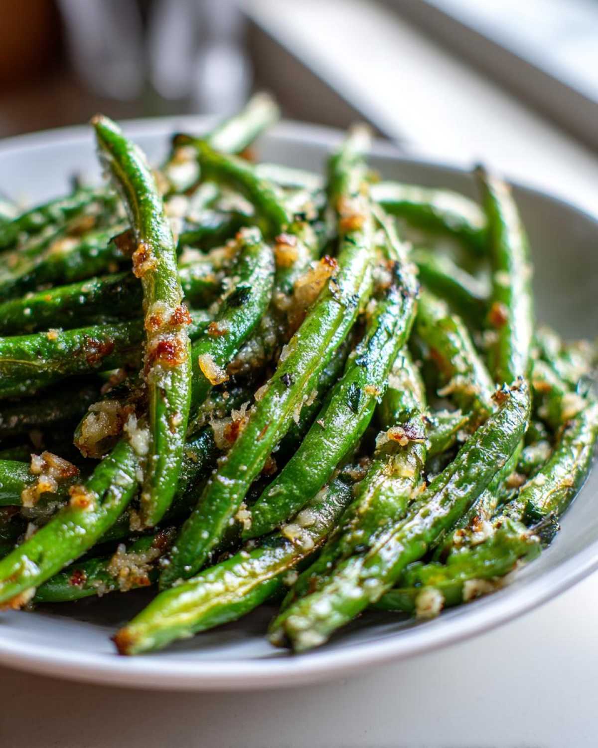 Close-up of bright green Oven Roasted Green Beans With Garlic Parmesan served in a light gray bowl.