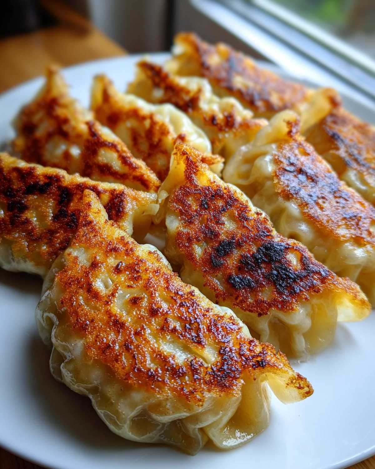 Close-up of several golden-brown, crispy Pan Fried Cabbage Dumplings arranged on a white plate.