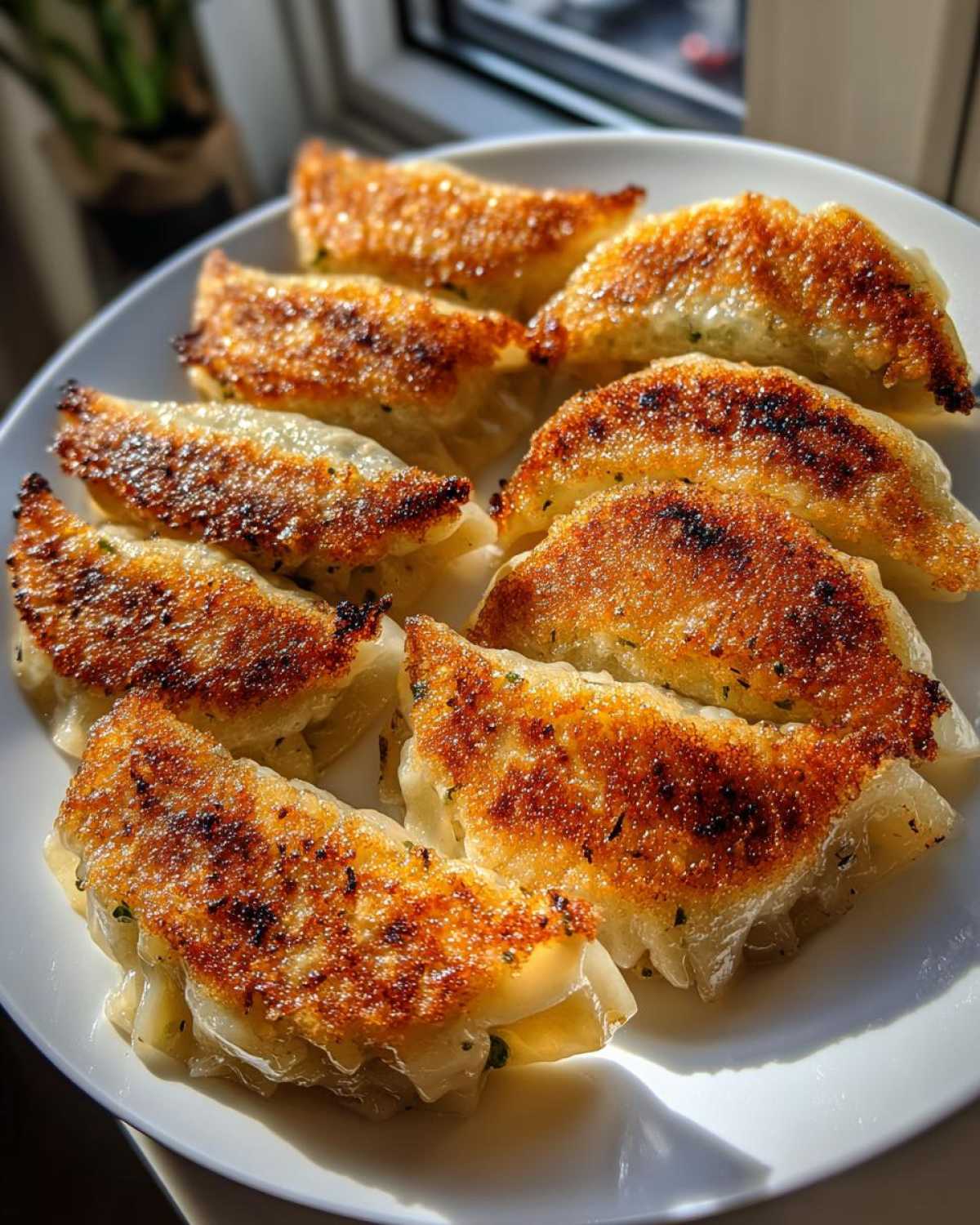Close-up of golden-brown, crispy Pan Fried Cabbage Dumplings arranged on a white plate, catching bright sunlight.