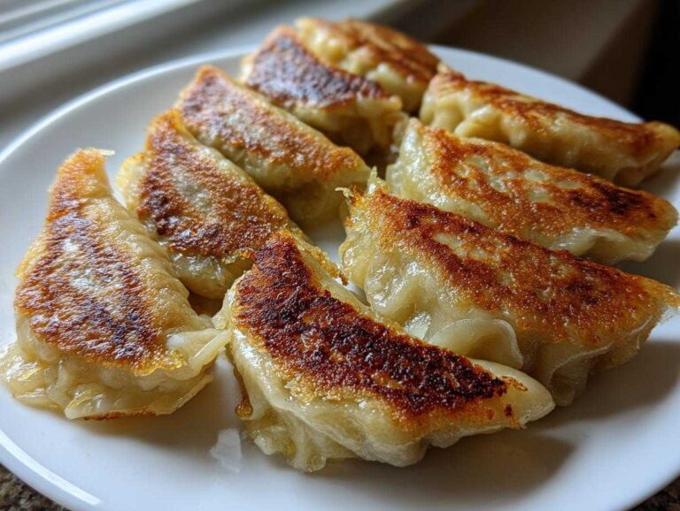 Close-up of several golden-brown, crispy Pan Fried Cabbage Dumplings arranged on a white plate.