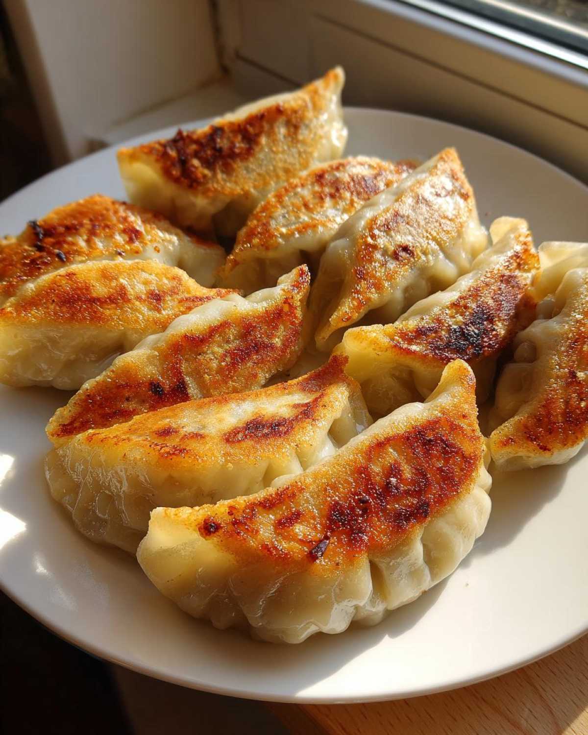 A plate filled with golden-brown Pan Fried Cabbage Dumplings, perfectly crisped on one side.