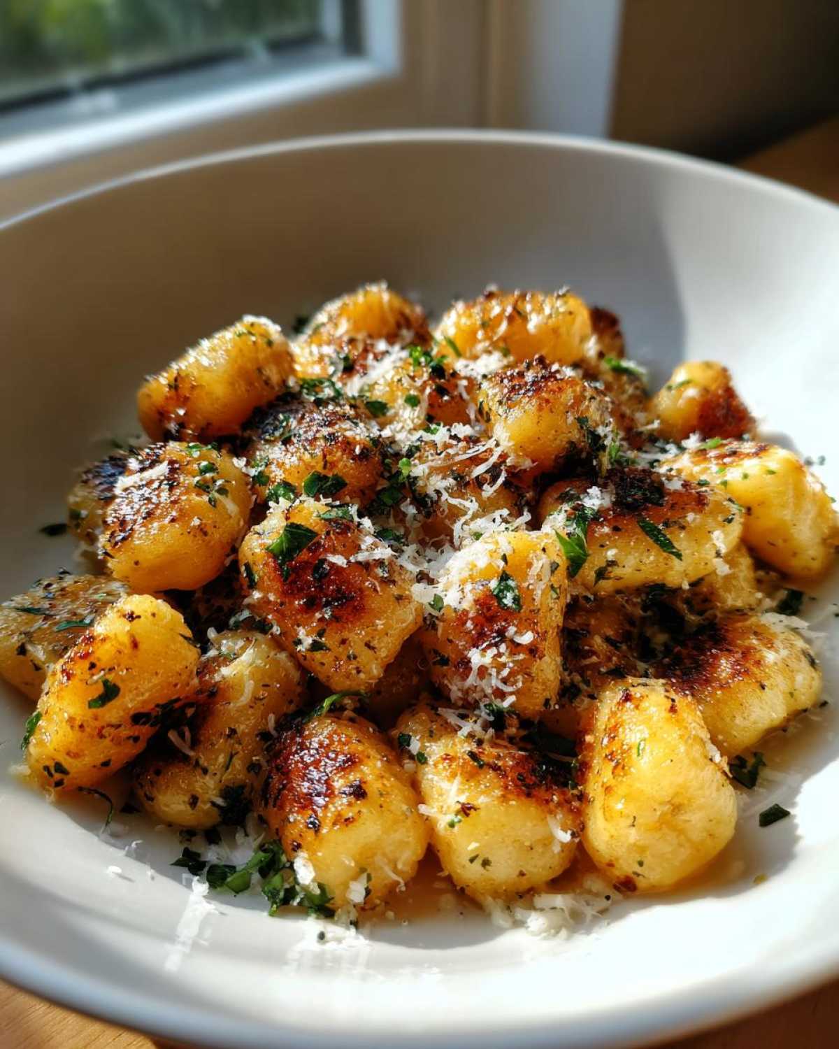 A close-up of pan-fried Leftover Potato Gnocchi from Scratch, topped with grated cheese and fresh parsley in a white bowl.