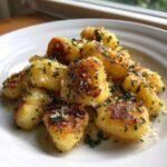 A plate of pan-fried Leftover Potato Gnocchi from Scratch, golden brown and topped with parsley and Parmesan cheese.