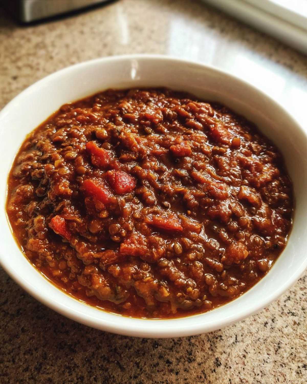 Close-up of thick, hearty Pantry Staples Lentil Stew with visible chunks of tomato in a white bowl.