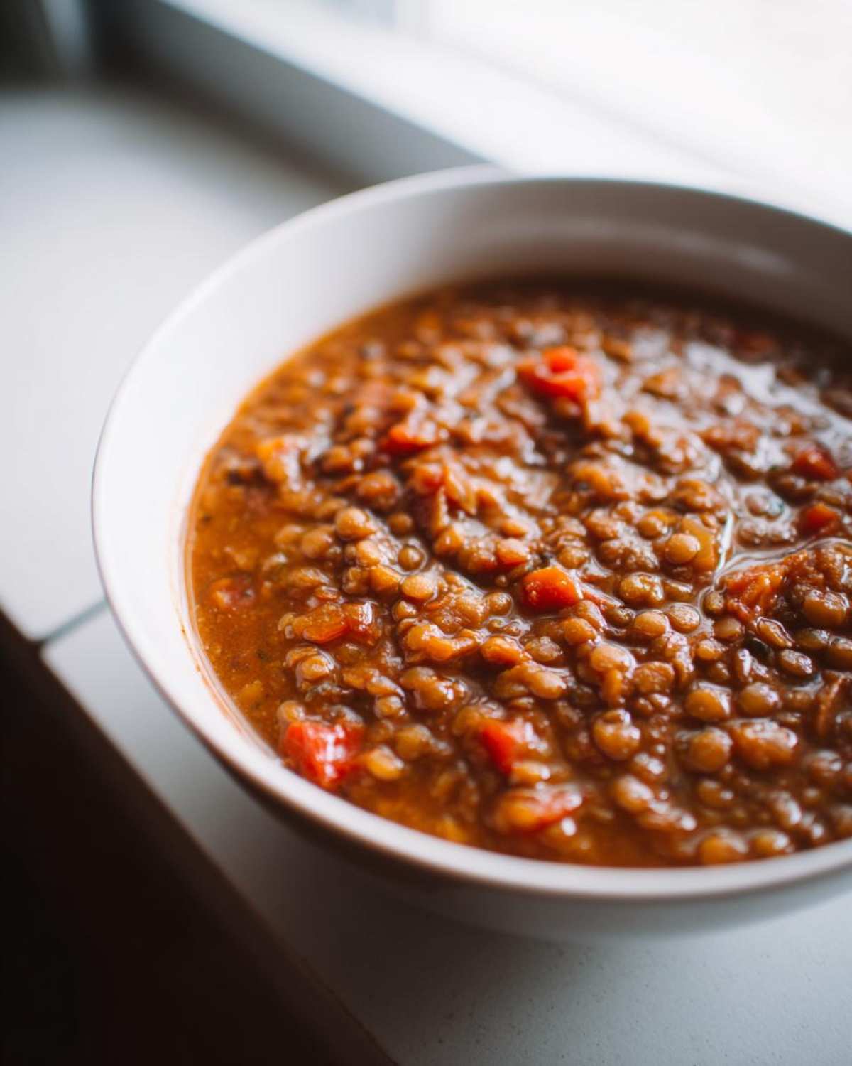 Close-up of a white bowl filled with rich, thick Pantry Staples Lentil Stew featuring brown lentils and diced red vegetables.