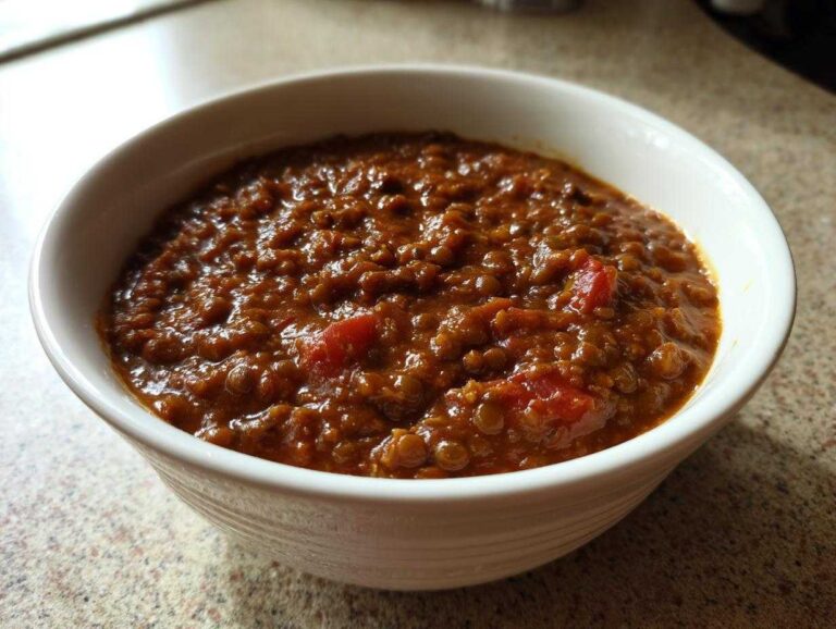 Close-up of a thick, rich, reddish-brown Pantry Staples Lentil Stew served in a white bowl.
