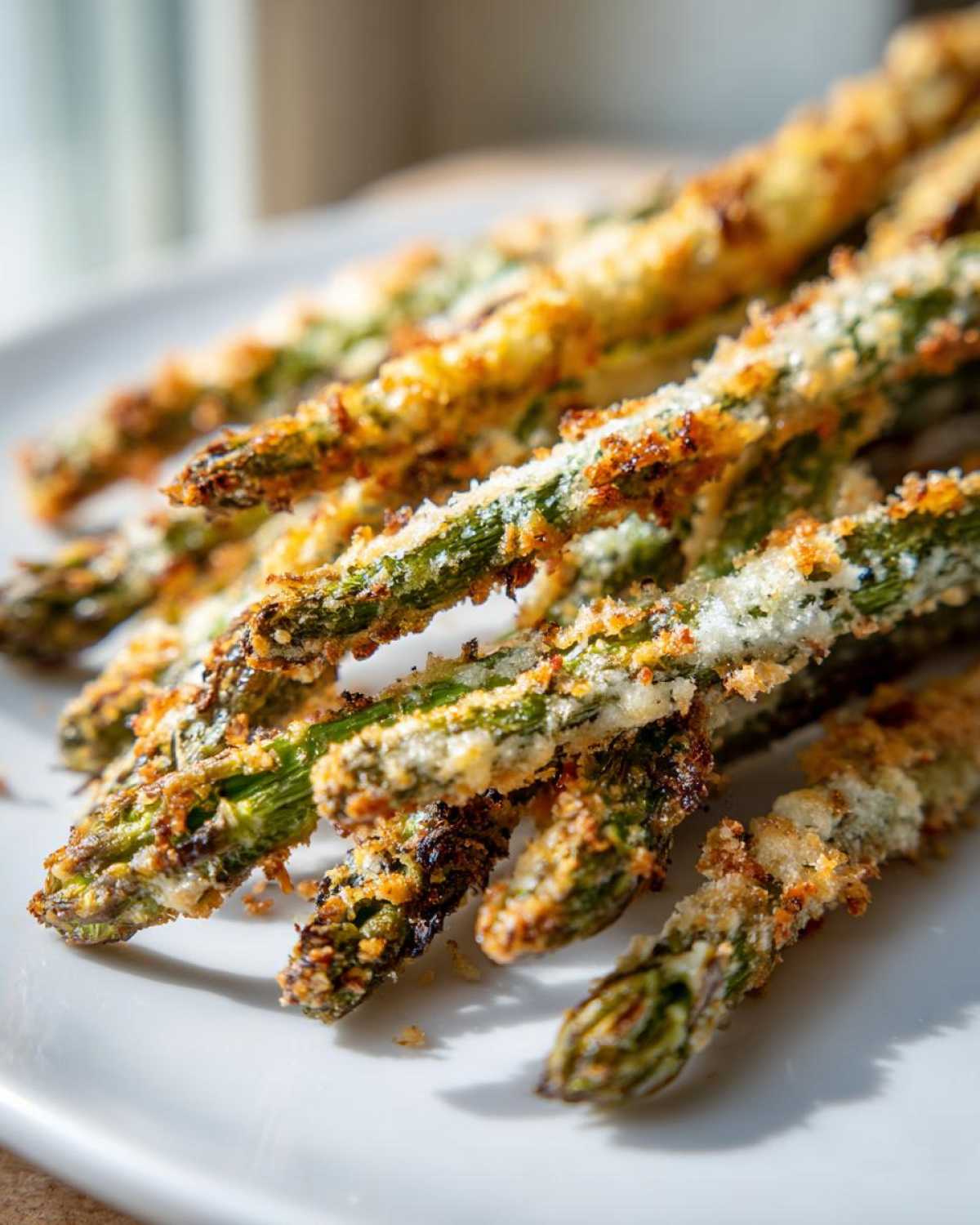 Close-up of crispy, golden-brown Parmesan Asparagus Fries stacked on a white plate, beautifully lit.