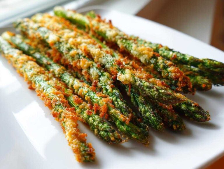Close-up of several crispy Parmesan Asparagus Fries, golden brown and vibrant green, served on a white plate.