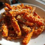 Close-up of crispy Parmesan Garlic Roasted Carrots sticks piled high on a white plate, catching bright sunlight.