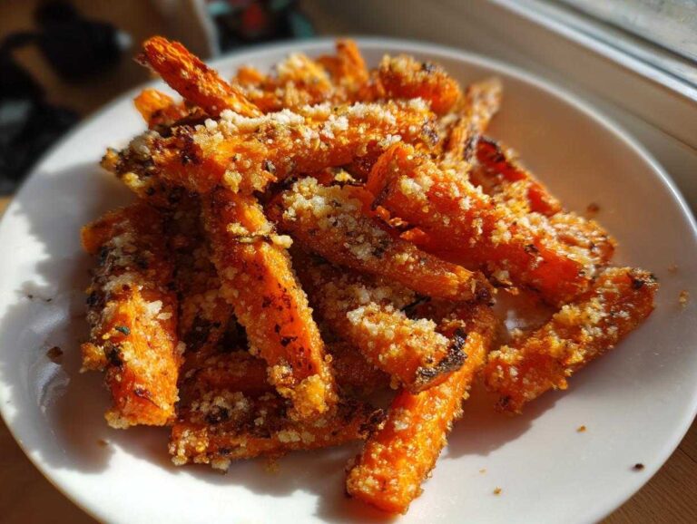 Close-up of crispy Parmesan Garlic Roasted Carrots sticks piled high on a white plate, catching bright sunlight.
