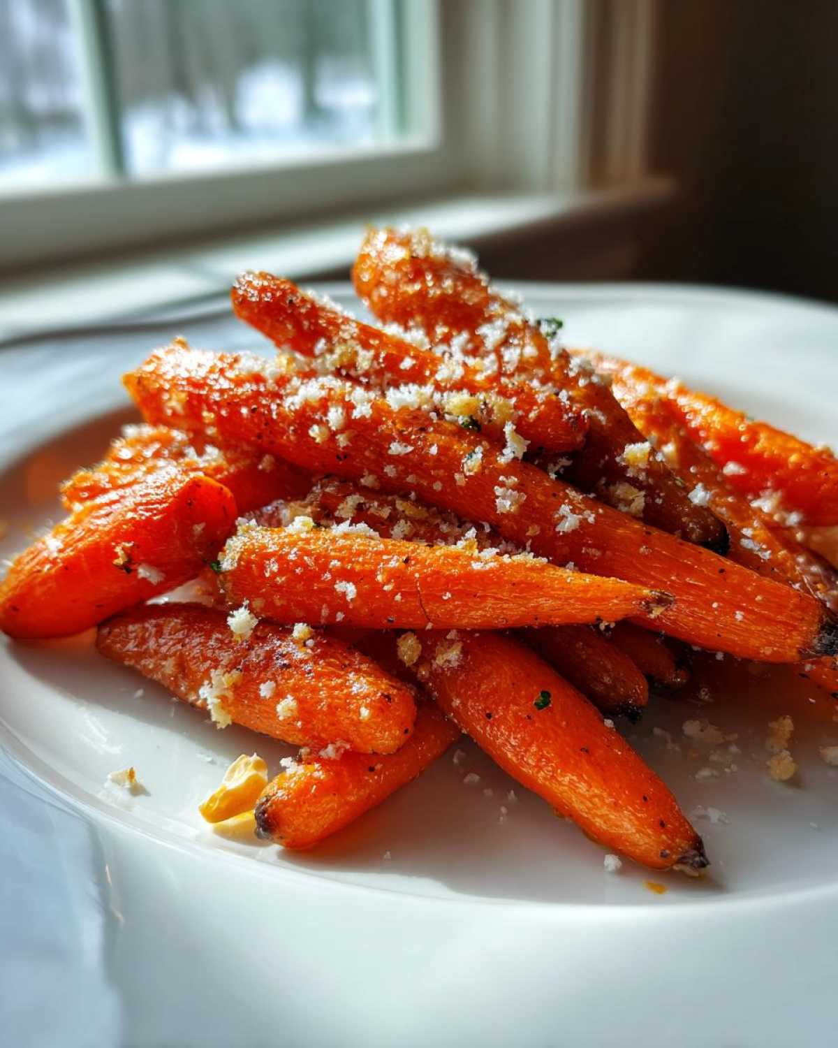 A close-up of bright orange Parmesan Garlic Roasted Carrots piled high on a white plate, sprinkled with grated cheese.