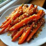 Close-up of vibrant orange Parmesan Garlic Roasted Carrots piled on a white plate, sprinkled with cheese.
