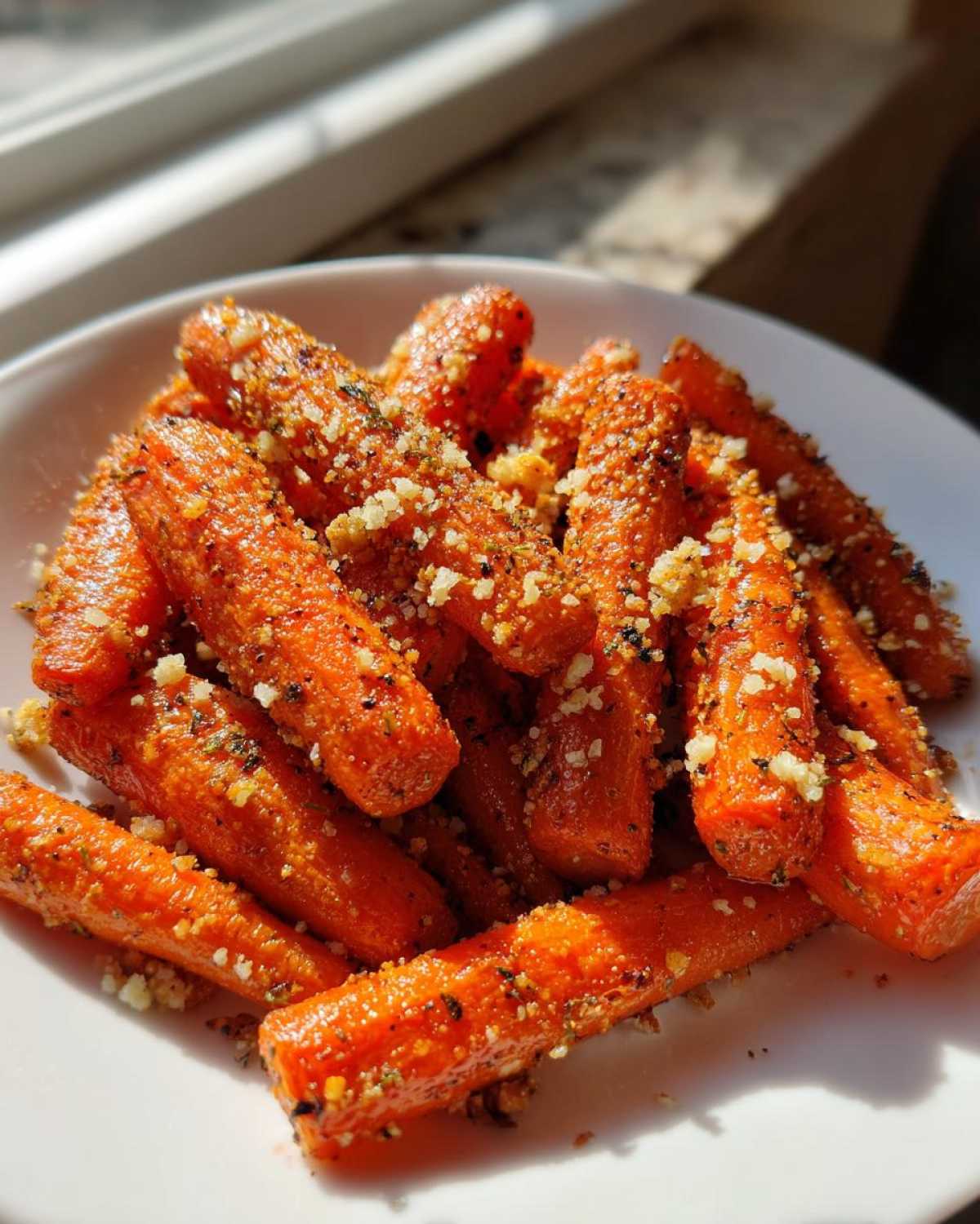 A close-up of bright orange Parmesan Garlic Roasted Carrots piled on a white plate, heavily seasoned.