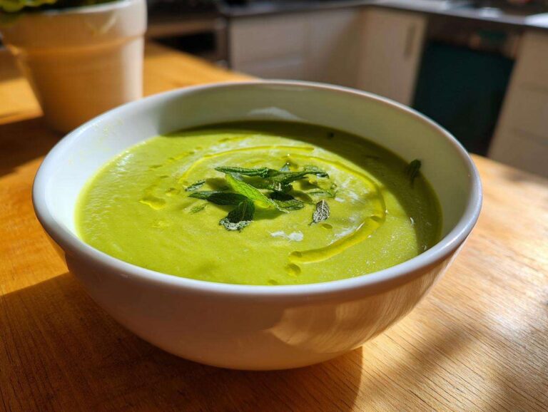 A vibrant green bowl of Pea and Mint Soup Refreshing, drizzled with olive oil and topped with fresh mint leaves.