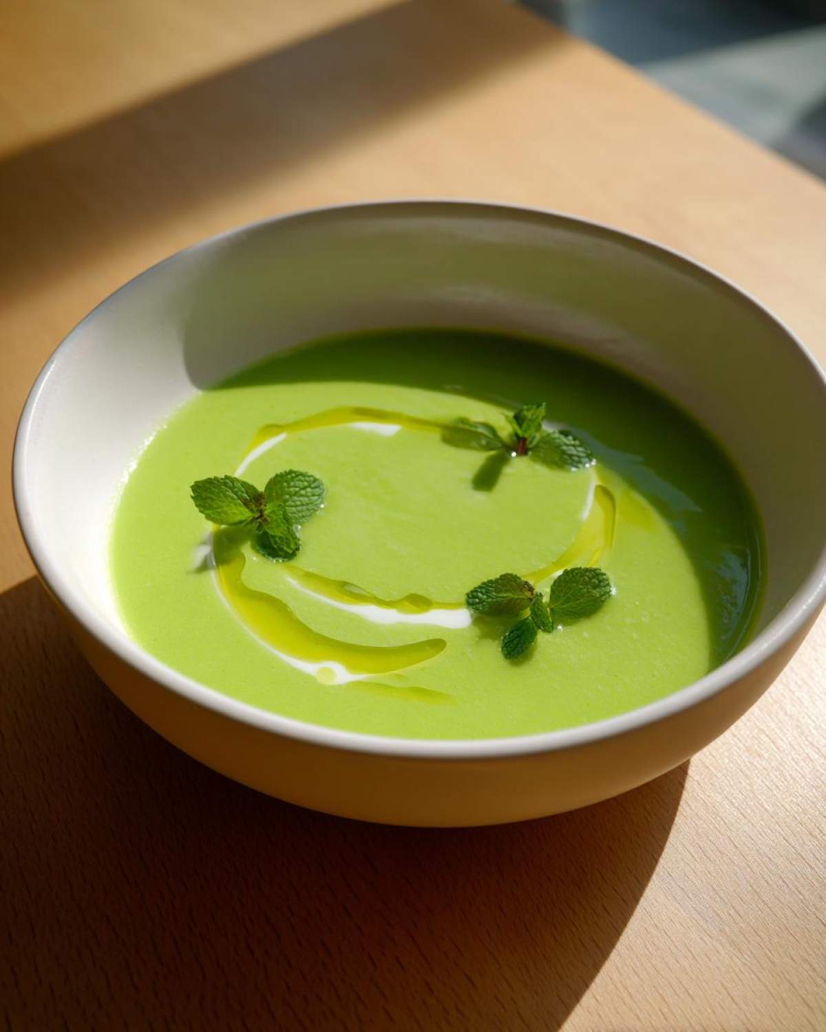 A bowl of vibrant green Pea and Mint Soup Refreshing, garnished with fresh mint sprigs and a drizzle of olive oil.