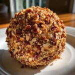 A delicious, round cheese ball recipe coated entirely in chopped pecans, sitting on a white plate.