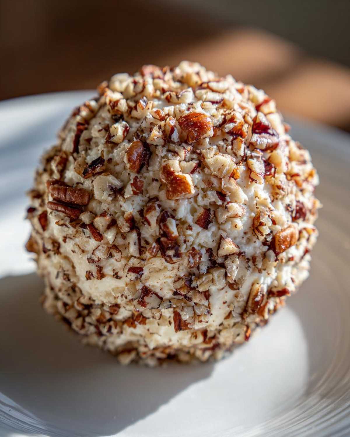 A perfectly formed, creamy cheese ball recipe coated entirely in chopped pecans, sitting on a white plate.
