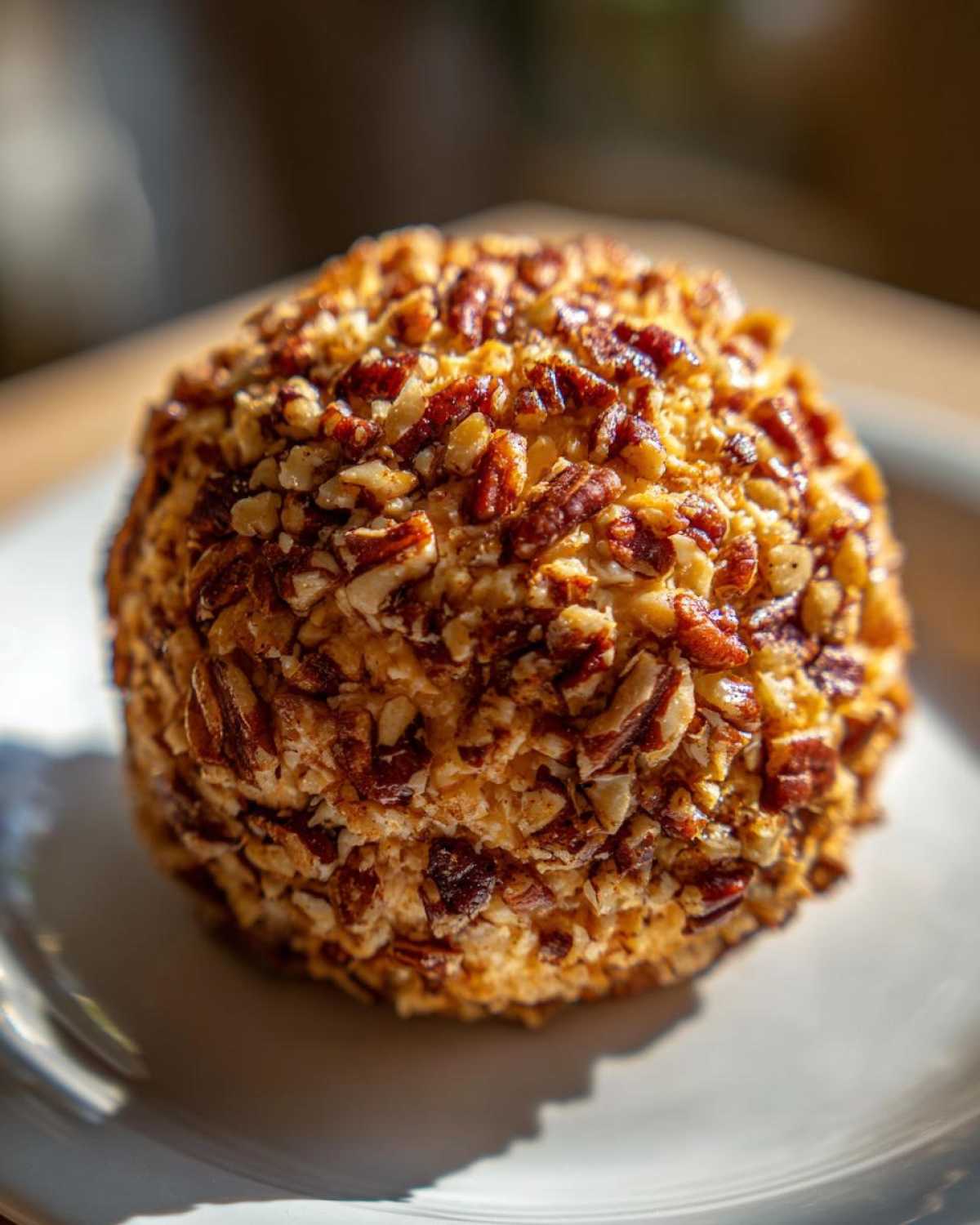 A close-up of a perfectly formed cheese ball recipe coated entirely in chopped pecans, sitting on a white plate.