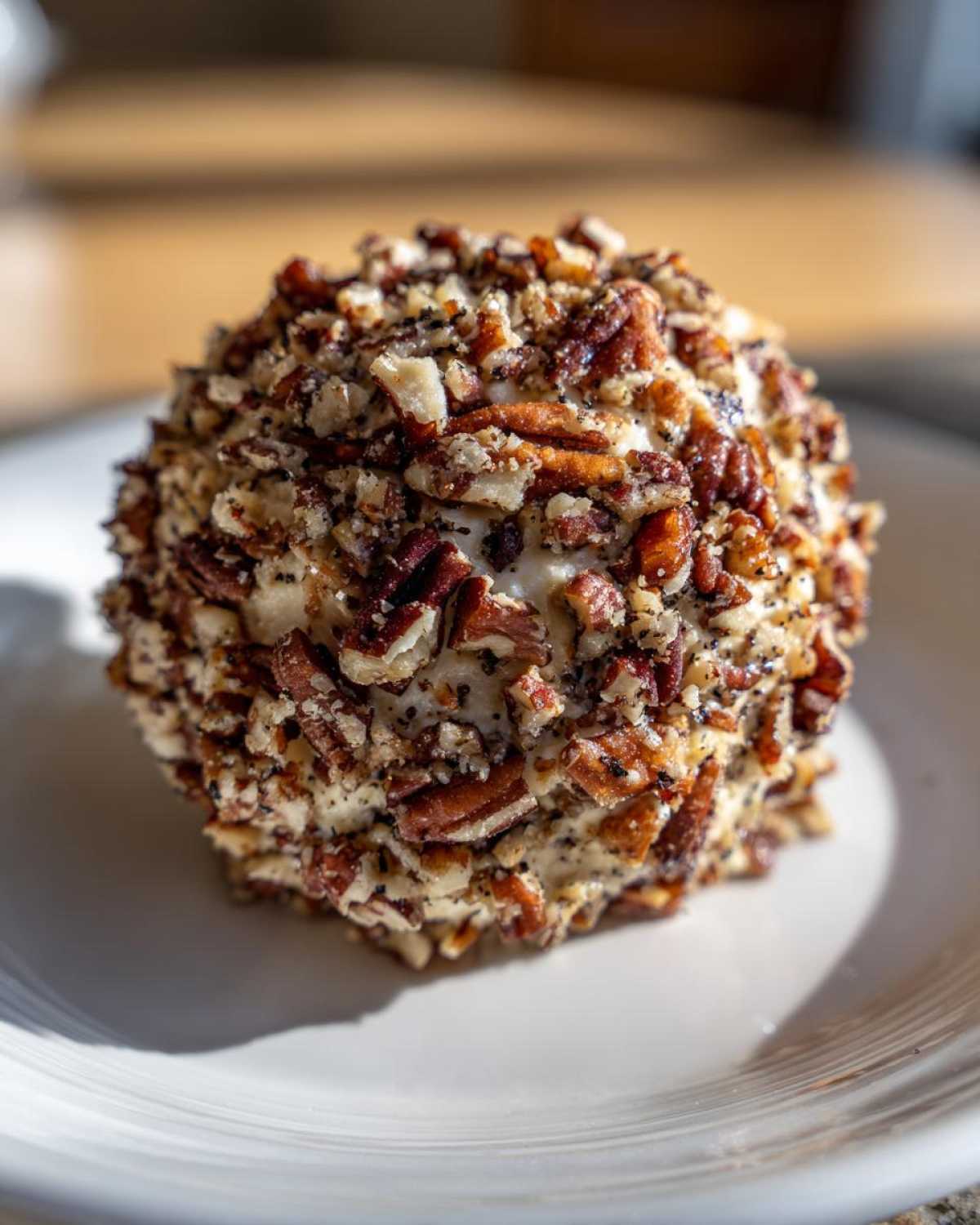 A perfectly formed cheese ball recipe coated entirely in chopped pecans and poppy seeds, resting on a white plate.