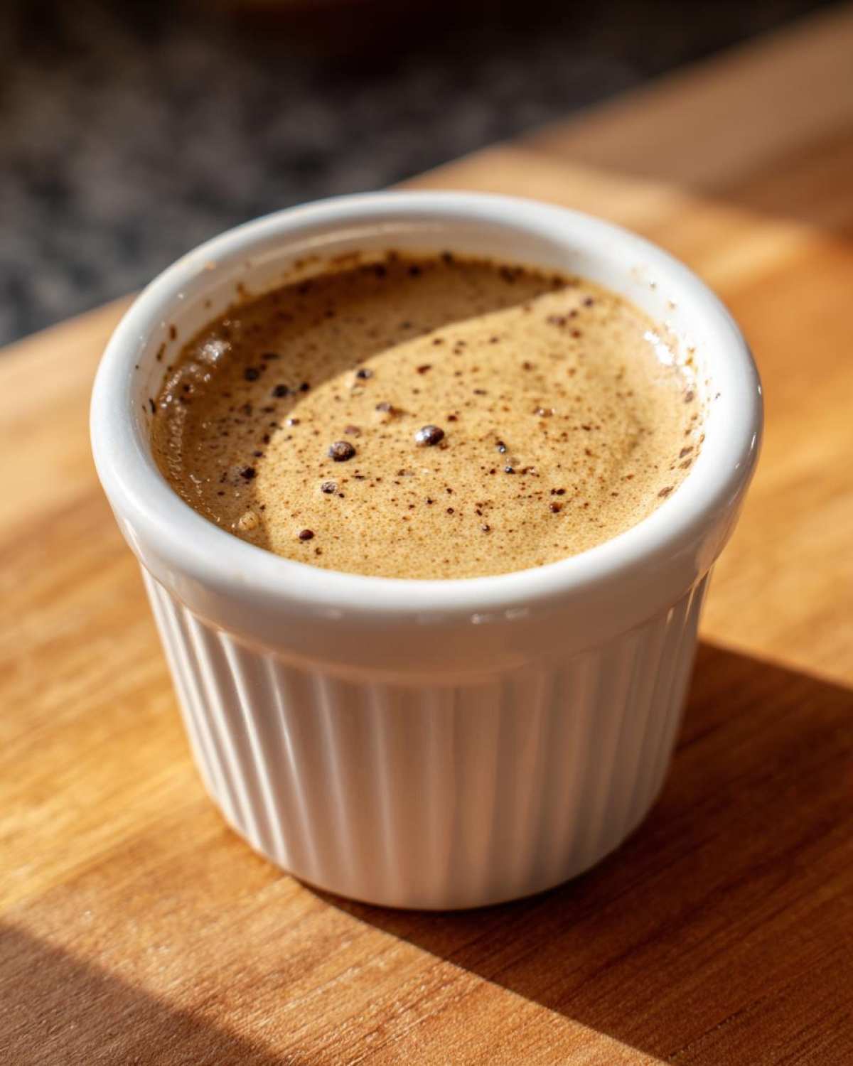 Close-up of rich, creamy peppercorn sauce served in a small white fluted ramekin on a wooden surface.