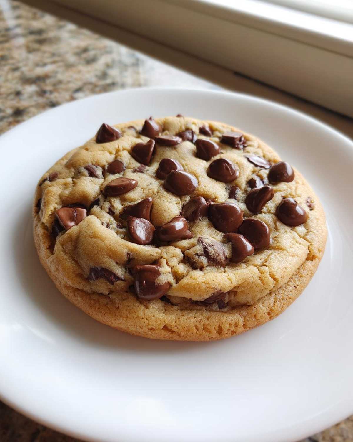 A single, thick, chewy Chocolate Chip Cookie loaded with melted chocolate chips, resting on a white plate.