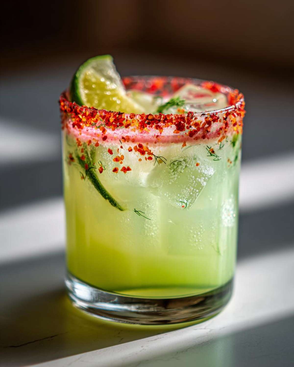 Close-up of a bright green Pickle Margarita cocktail in a rocks glass with a spicy chili salt rim and lime wedge.
