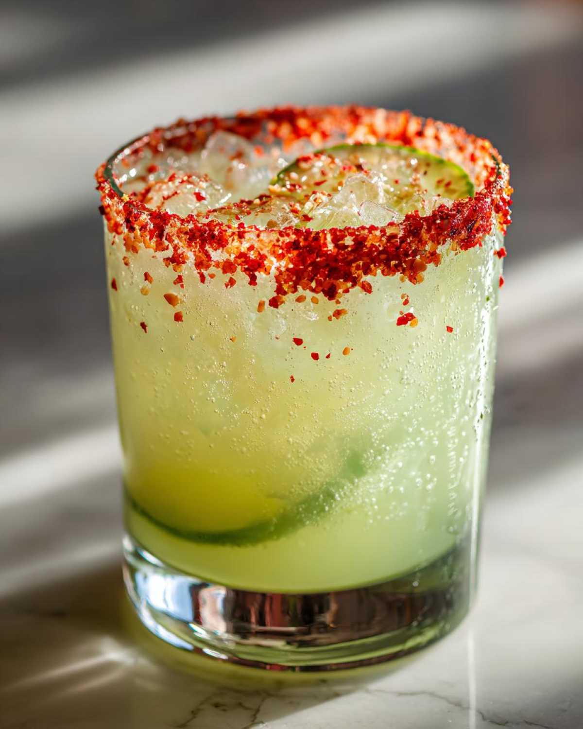 A frosty glass of a bright green Pickle Margarita, garnished with a spicy chili salt rim and lime slices.