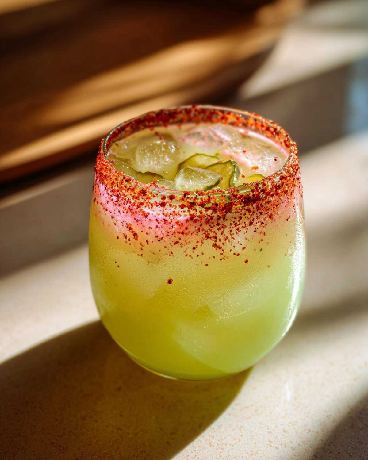 Close-up of a bright green Pickle Margarita in a glass with a heavy red chili salt rim and pickle slices on top.