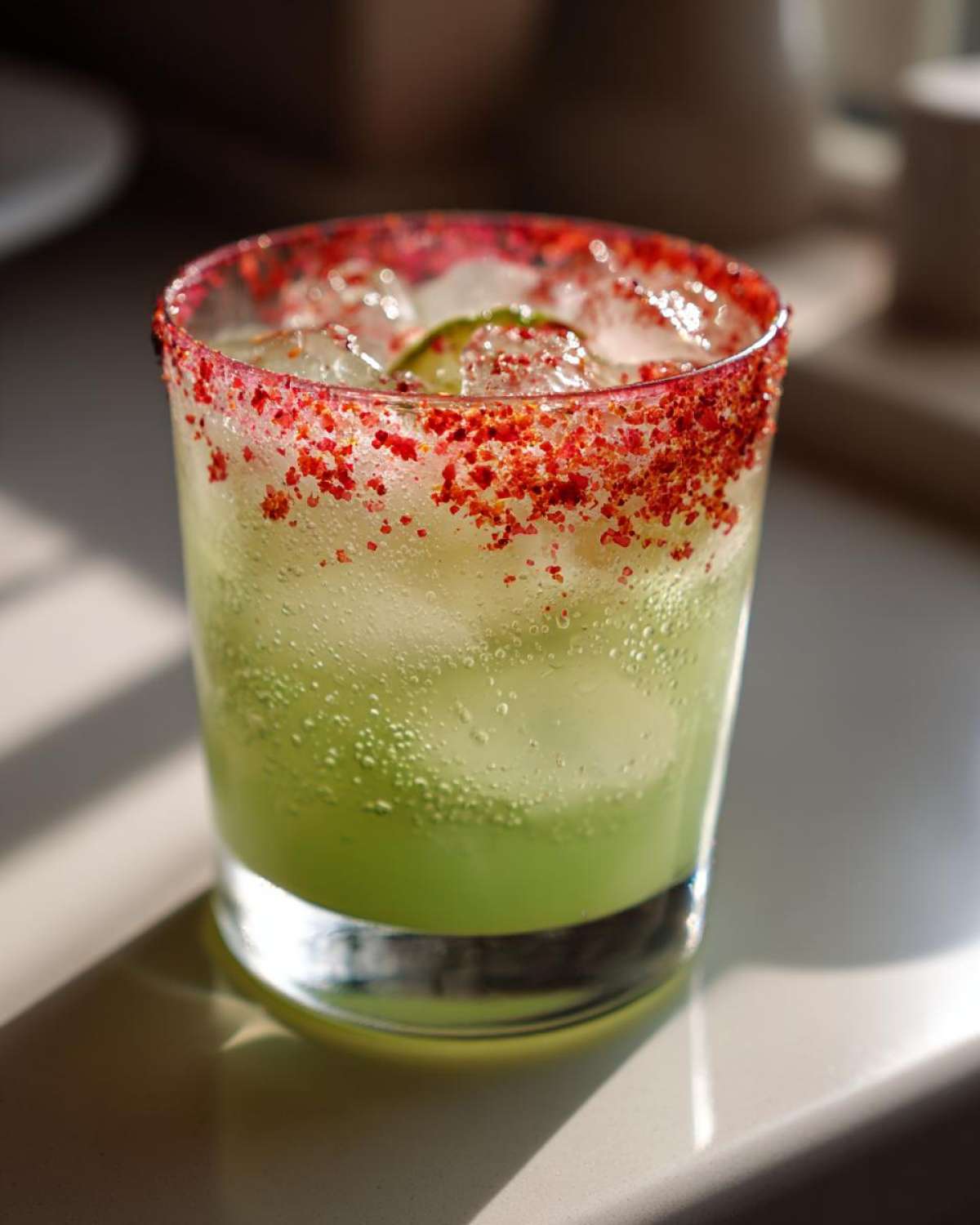 Close-up of a vibrant green Pickle Margarita cocktail in a rocks glass with a bright red chili salt rim and ice