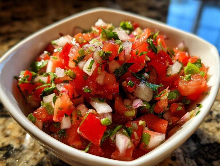 Close-up of vibrant, freshly chopped tomatoes, onions, and cilantro in a white bowl for a Pico De Gallo Recipe Zesty.
