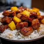 Close-up of glazed Pineapple Pork with chunks of pineapple served over fluffy coconut rice.