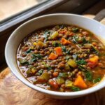 Close-up of a hearty bowl of Plant Based Lentil Stew Recipe with visible lentils, carrots, celery, and spinach.