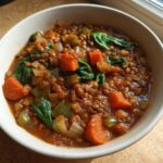 Close-up of a bowl filled with rich Plant Based Lentil Stew Recipe featuring carrots, spinach, and onions.