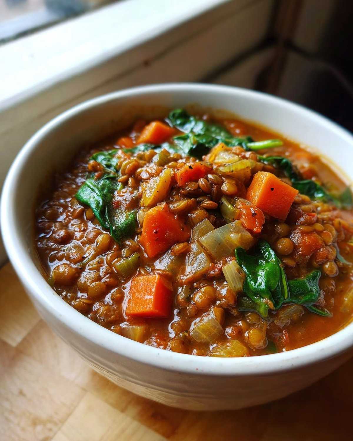 Close-up of a hearty Plant Based Lentil Stew Recipe in a white bowl with carrots, onions, and spinach.