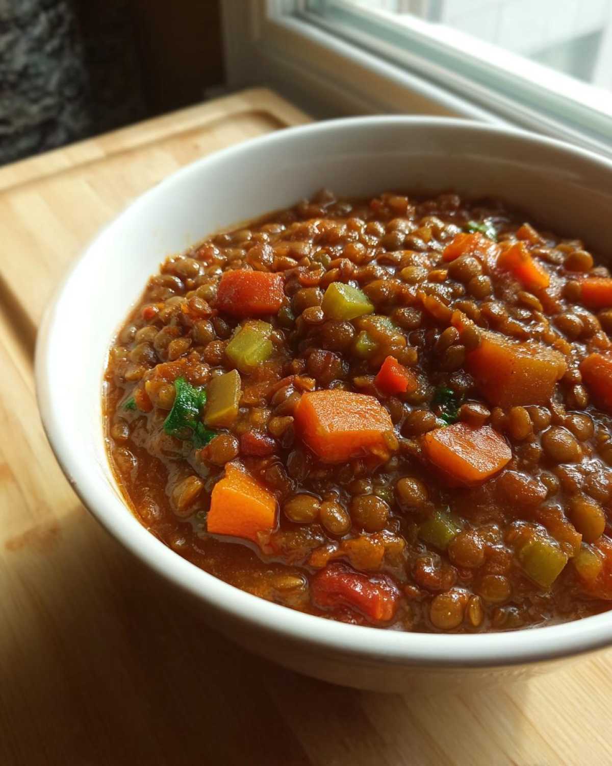 Close-up of a white bowl filled with rich, savory Plant Based Lentil Stew Recipe featuring carrots and celery.