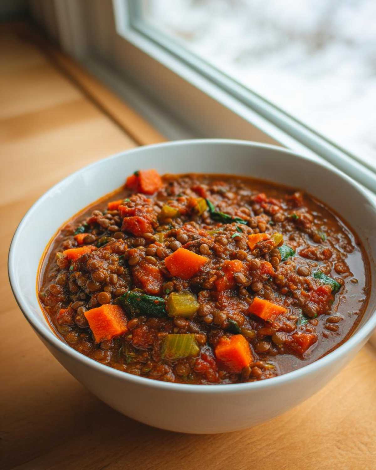 A close-up of a white bowl filled with rich Plant Based Lentil Stew Recipe, featuring lentils, carrots, and celery.