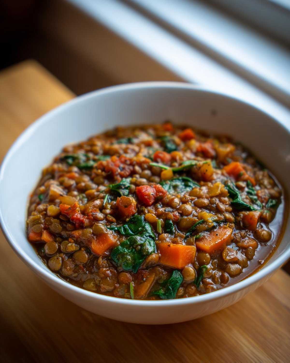 Close-up of a white bowl filled with a rich Plant Based Lentil Stew Recipe, showing lentils, carrots, and spinach.