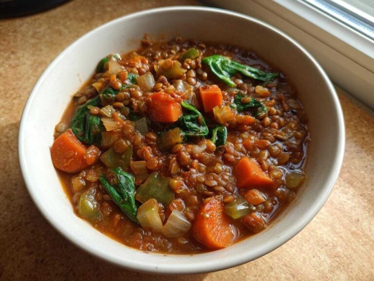 Close-up of a bowl filled with rich Plant Based Lentil Stew Recipe featuring carrots, spinach, and onions.